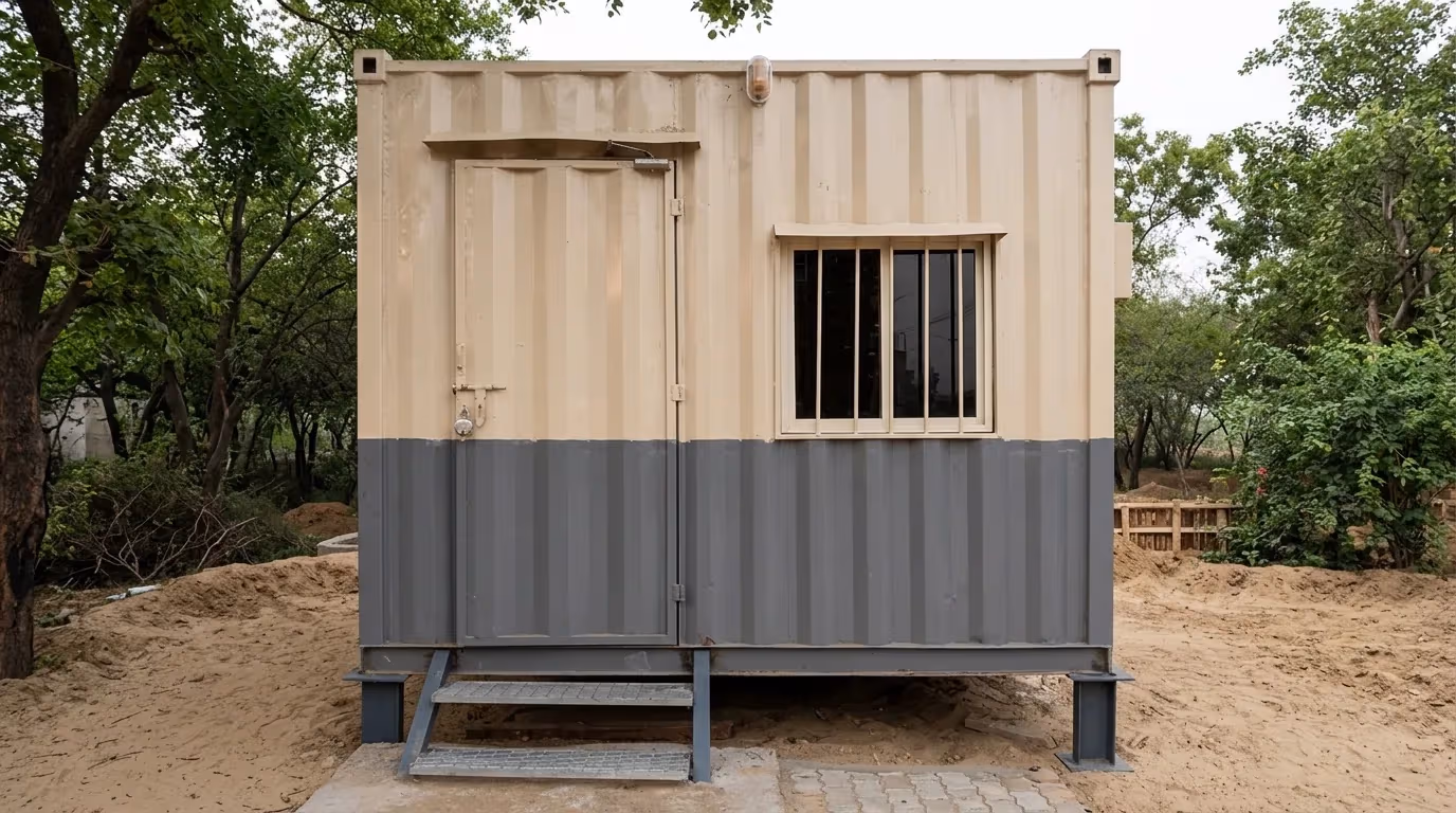 10 × 8 ft security cabin — front exterior with personnel door and grilled window, by Porta Cabin Systems