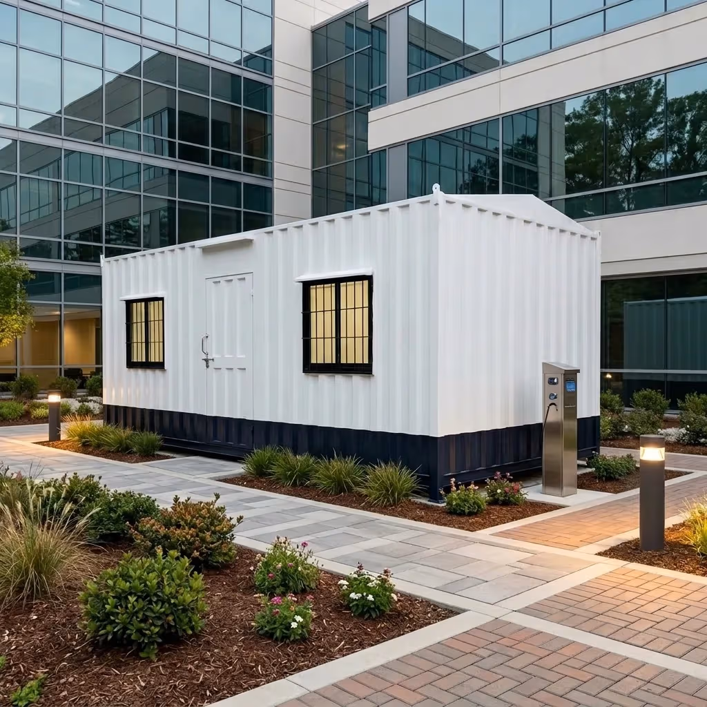20 × 10 ft portable office cabin in white with a navy base, a personnel door and two windows, by Porta Cabin Systems