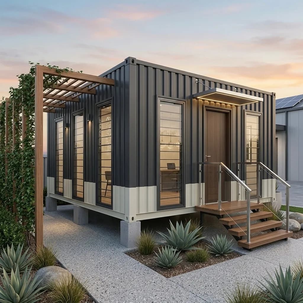Premium container marketing office with charcoal cladding, glass front, timber deck and pergola