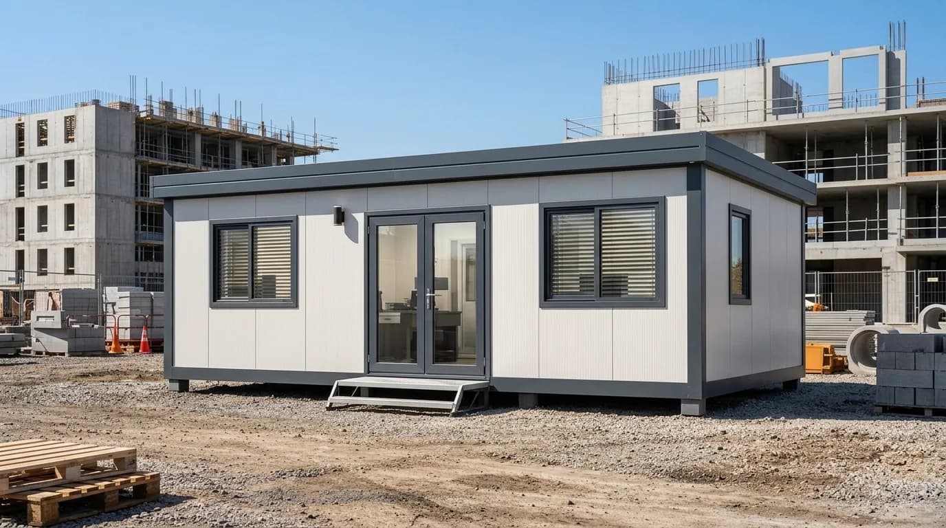 Design visualisation of a grey and white panelled cabin with glazed double doors and two windows, standing on gravel at a building site