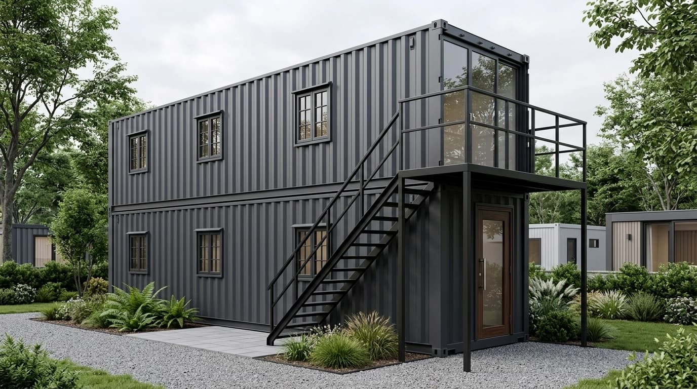 Design visualisation of a dark-grey two-storey modular cabin with ribbed walls, angled view, with an external staircase to an upper landing with railings and a glazed entrance door