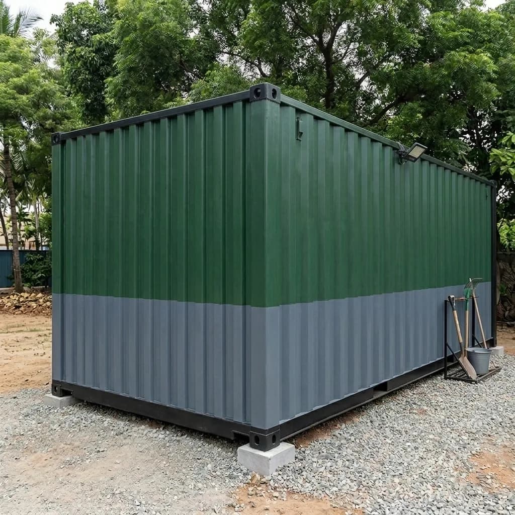 20 ft storage container in a two-tone green and grey finish with a black steel frame and a side personnel door