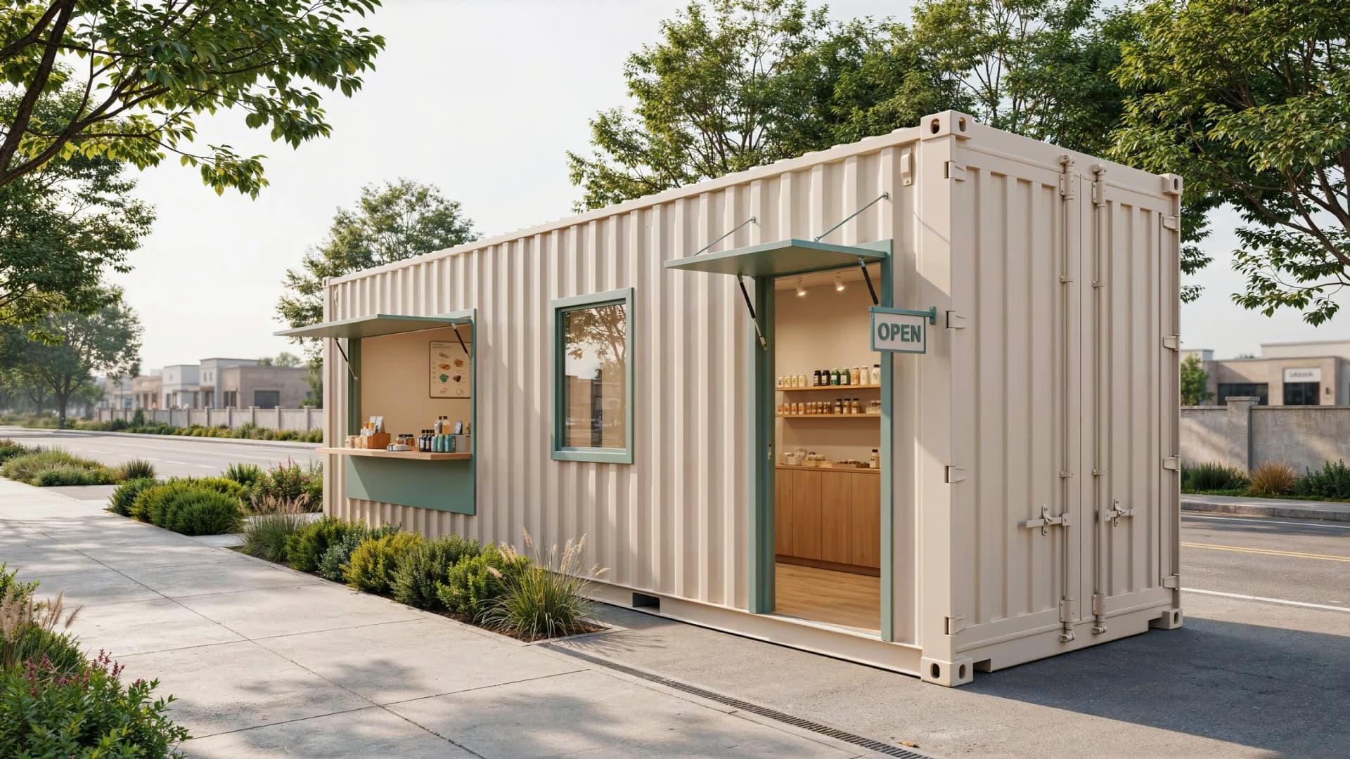 Design visualisation of a shipping-container serving-counter concept.