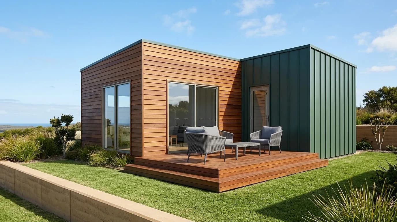 Concept visualisation of a farmhouse exterior: horizontal timber cladding beside a green standing-seam metal section, with a raised timber deck and outdoor chairs on a lawn.